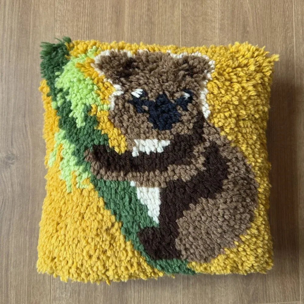 Vintage Koala Latch Hook Pillow 11” Handmade Colorful Finished Funky Retro Throw